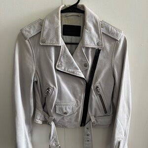 All Saints Leather Moto Jacket, light blue/grey, US 4